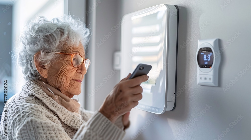 Poster Elderly person using a smartphone to control a smart thermostat Stock Photo with copy space