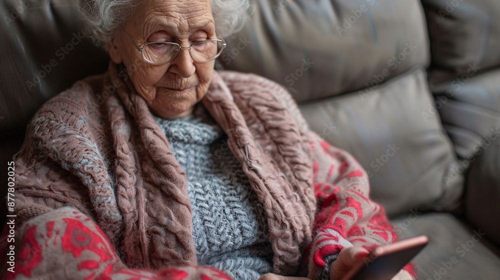 Poster Elderly person using a smartphone to control a smart thermostat Stock Photo with copy space