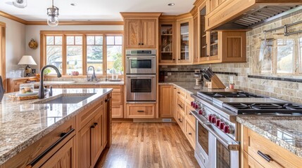 Craftsman-style kitchen with oak cabinets and a granite countertop