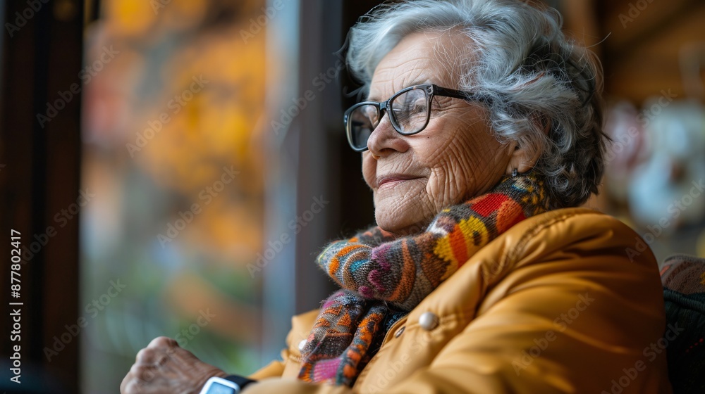 Poster senior woman using a wearable device to monitor sleep patterns stock photo with copy space