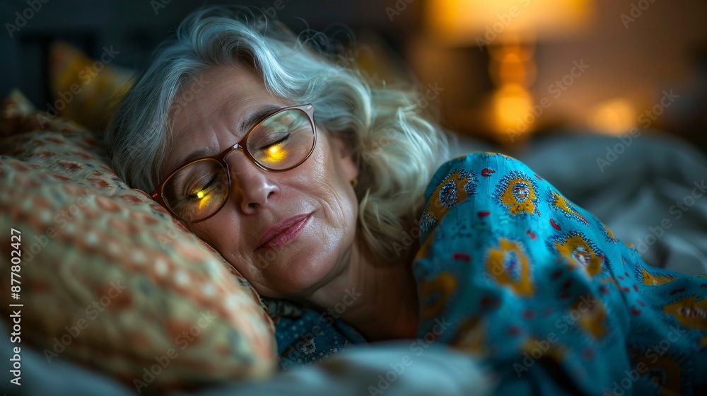 Poster senior woman using a wearable device to monitor sleep patterns stock photo with copy space