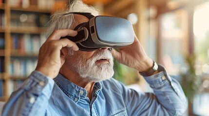 Elderly man exploring virtual reality with a headset Stock Photo with copy space