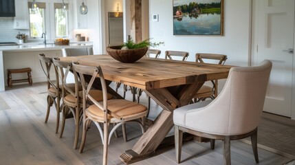 custom wooden dining table with matching chairs, set in a light-filled dining room