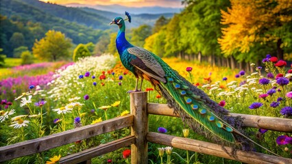 Naklejka premium Male Peacock With Vibrant Plumage Perches On A Wooden Fence In A Field Of Colorful Flowers With A Mountain Backdrop