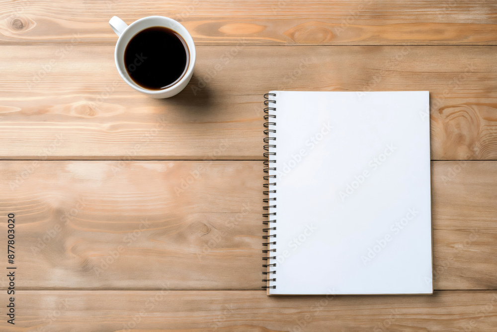 Poster blank notebook page is laying on a wooden desk with a cup of coffee, perfect for adding your own mes