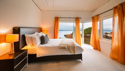 bright white bedroom, elegant, interior, house, home, architecture, decor, design, farmhouse, modern, contemporary, water ocean view