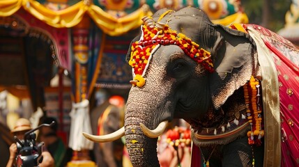 Indian Elephant in a sari, participating in a cultural festival.