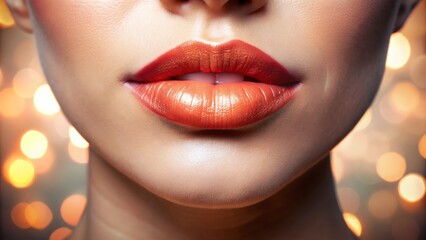 Fototapeta premium Close up of luscious peach lip color with radiant glow on healthy moisturized lips against soft blurred background.
