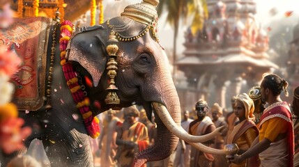 Indian Elephant in a sari, participating in a cultural festival.