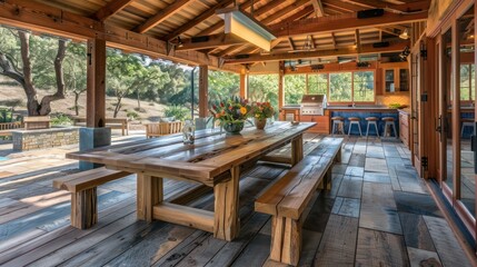 hand-laid wooden Craftsman-style outdoor dining room, complete with a long table and benches, designed for rustic-style family meals and celebrations