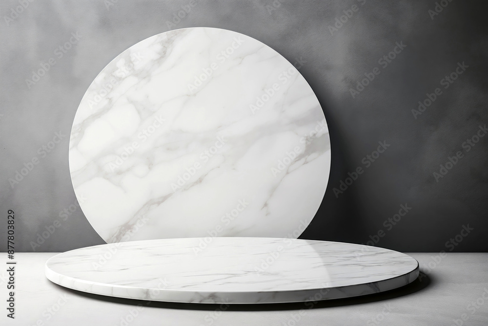 Poster Empty white marble podium is displaying cosmetics or products with a matching circular backdrop