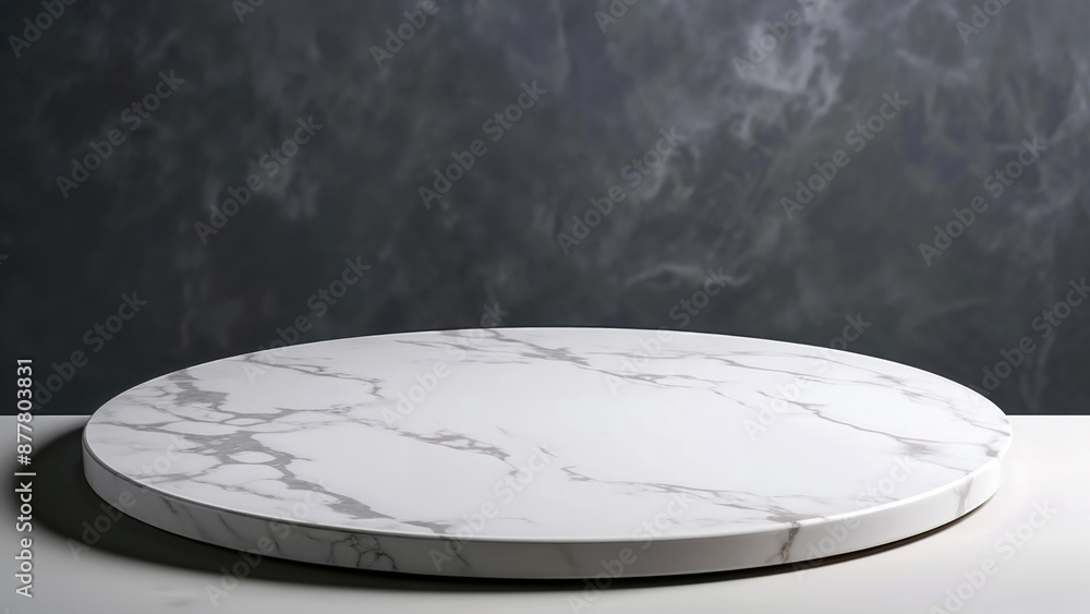 Poster empty white round marble podium on a dark background with copy space, ideal for showcasing a product