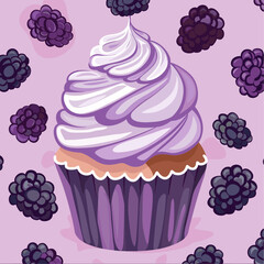 Naklejka premium Purple cupcake with whipped cream and blackberries on a pink background