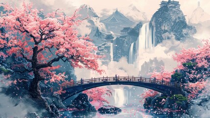 Tranquil Landscape with Cherry Blossoms