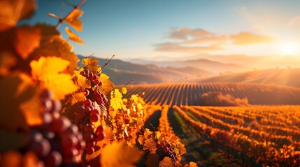 Vibrant Autumn Vineyard Harvest Landscape with Scenic Rolling Hills and Sunset Sky
