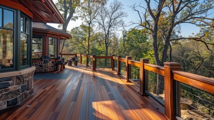 Fototapeta premium hand-laid wooden Craftsman-style wildlife viewing deck, equipped with binoculars and educational materials, designed to enhance wildlife observation and education