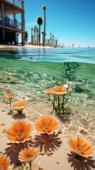 flowers floating in the water with the sky in the background
