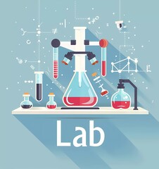 Flat design vector illustration of laboratory equipment and test tubes on light blue background