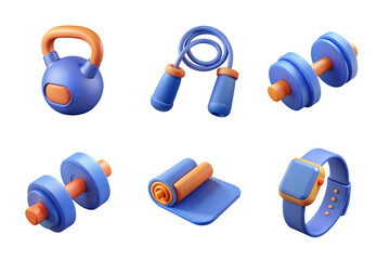 workout gym set collection icon blue orange color in plastic 3d style