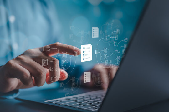 Document Management System, DMS, online folder, and file with cloud server icons. Man touch to choose files from virtual screen for backup. Software for archiving, searching, and managing files data.