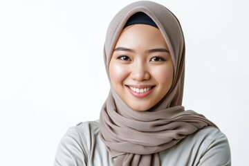 Fototapeta premium Cheerful young Asian Muslim woman isolated over white background