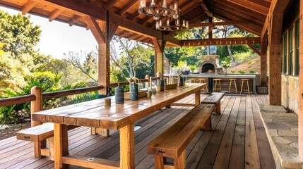 Obraz premium hand-laid wooden Craftsman-style outdoor dining room, complete with a long table and benches, designed for rustic-style family meals and celebrations