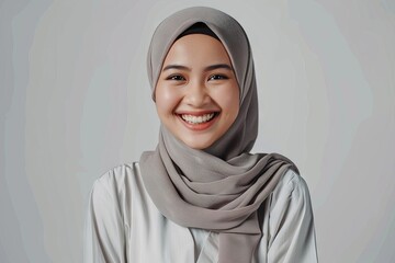 Cheerful young Asian Muslim woman isolated over white background