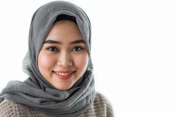 Fototapeta premium Cheerful young Asian Muslim woman isolated over white background