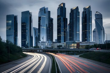 Fototapeta premium Night Traffic in Urban Cityscape: Speedy Road Transportation, Downtown Lights, Urban Street Traffic, Skyscraper Buildings with Vibrant Lights, Modern City Life and Motion in Dusk