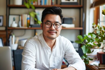 Fototapeta premium Portrait of confident smiling Asian man sitting at desk