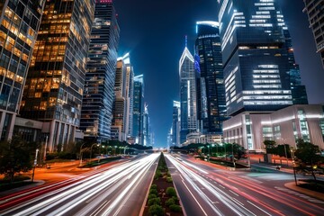 Fototapeta premium Night Traffic in Urban Cityscape: Speedy Road Transportation, Downtown Lights, Urban Street Traffic, Skyscraper Buildings with Vibrant Lights, Modern City Life and Motion in Dusk