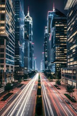 Fototapeta premium Night Traffic in Urban Cityscape: Speedy Road Transportation, Downtown Lights, Urban Street Traffic, Skyscraper Buildings with Vibrant Lights, Modern City Life and Motion in Dusk