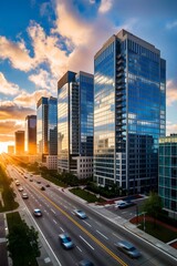 Fototapeta premium Modern City Skyline at Sunset with High-Rise Buildings, Illuminated Skyscrapers, business center office building, modern city center. ideal for urban and travel themes