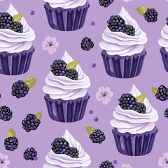 Purple Blackberry Cupcakes Seamless Pattern, Bakery, Dessert, Food