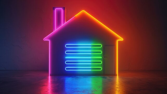 Isolated house with energy certification color scale illuminated with neon light. Energy efficiency, ecology, sustainability, saving and resources conservation concepts
