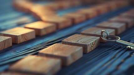 Golden Key on Wooden Path to Success