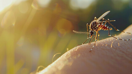 Naklejka premium close up of dengue mosquito biting the human arm