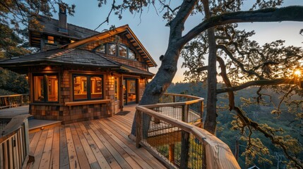 Fototapeta premium handcrafted wooden Craftsman-style treehouse for adults, featuring a wrap-around deck and stunning views, perfect for a quiet retreat