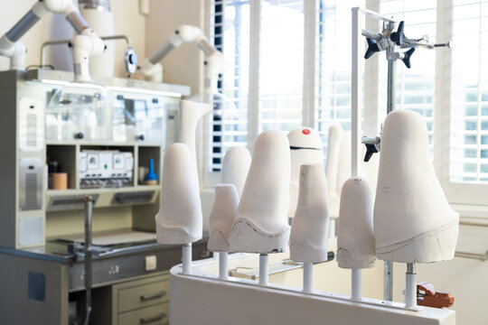 Prosthetic lab with various molds and equipment for creating artificial limbs