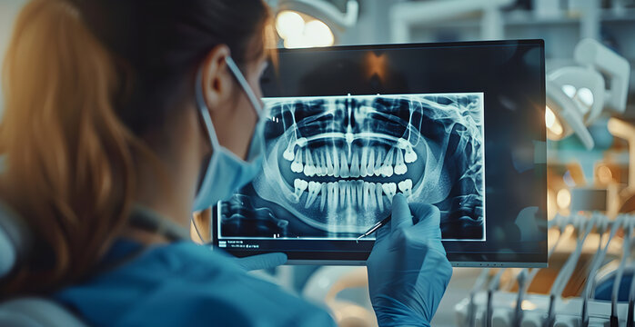 A woman in a blue lab coat is examining a dental X-ray