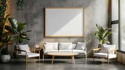 Mockup of a empty horizontal picture frame in a modern waiting room