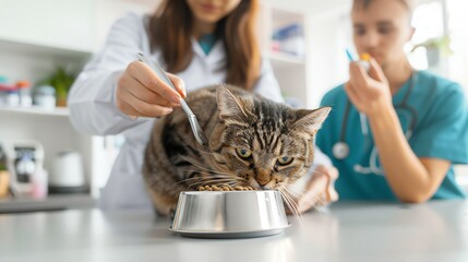 A cat being fed a balanced diet by a vet technician while a vet discusses nutrition plans with the owner in a cozy, well-equipped practice