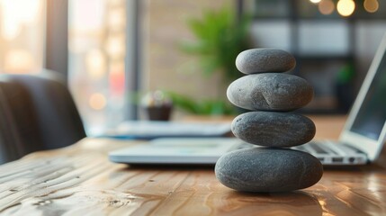 Zen stones on the desk with laptop in office