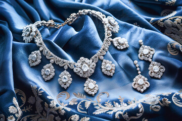 Fototapeta premium silver jewelry on purple silk cloth