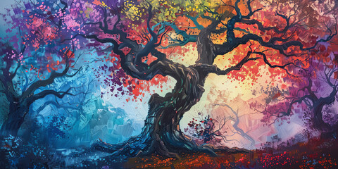 a majestic tree with vibrant leaves of various colors stood tall in the midst of an enchanted forest under a sky painted with hues of twilight, generative AI