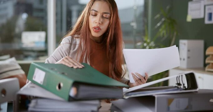 Woman, secretary and folder with search for documents with reading, thinking and frustrated with admin at startup. Person, paperwork and file pile in office, confused or check for report in Mexico