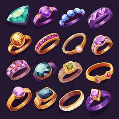 Set of Cartoon Gold Rings with Gemstones for Game Design