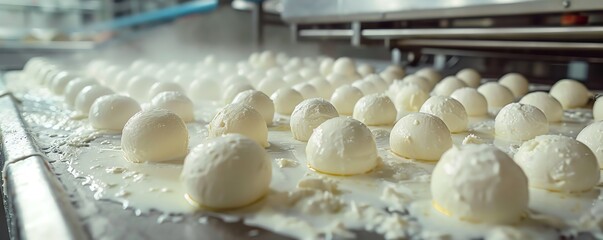 Industrial production line making fresh mozzarella cheese balls, showcasing food manufacturing process and dairy industry operations.