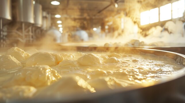 Industrial cheese production process featuring large vats of curdled milk, creating fresh cheese in a modern dairy facility.