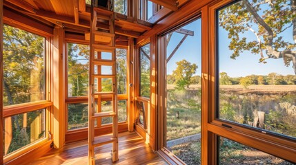 handcrafted wooden Craftsman-style bird watching tower, featuring a hidden access ladder and panoramic viewing windows